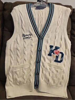 Rare!! Kentucky Derby Cream Cable Knit Vest with Blue Trim-Medium